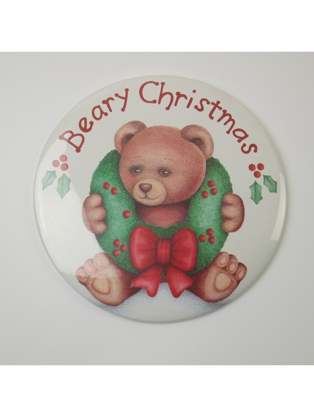 Vintage Christmas Teddy Bear Stand Up Pinback Button HUGE 6 inch Beary Christmas